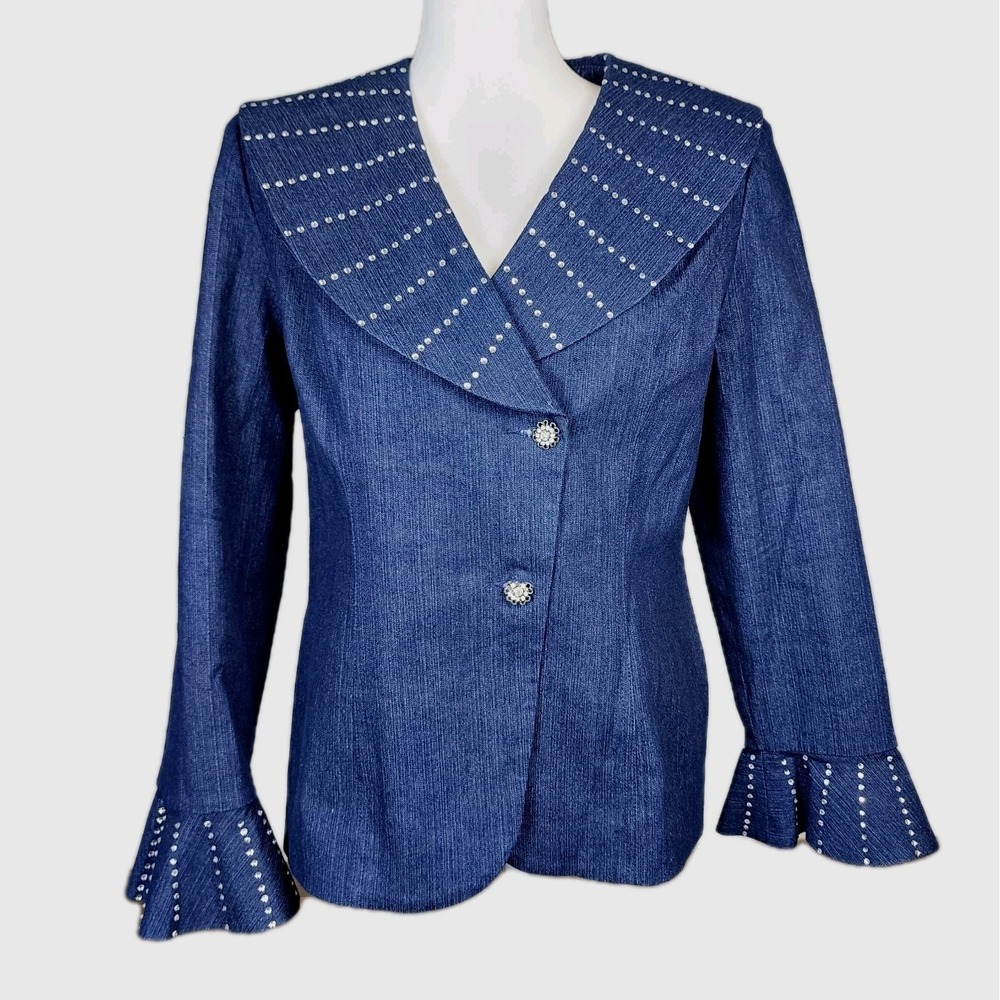 Moshita Couture Structured Denim‎ Blazer Jacket Womens 8 Rhinestone Party Event